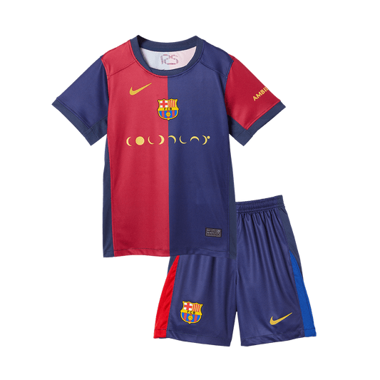 Dziecięcy zestaw piłkarski Barcelona X Coldplay Home (koszulka + spodenki) 2024/25, czerwono-niebieski
