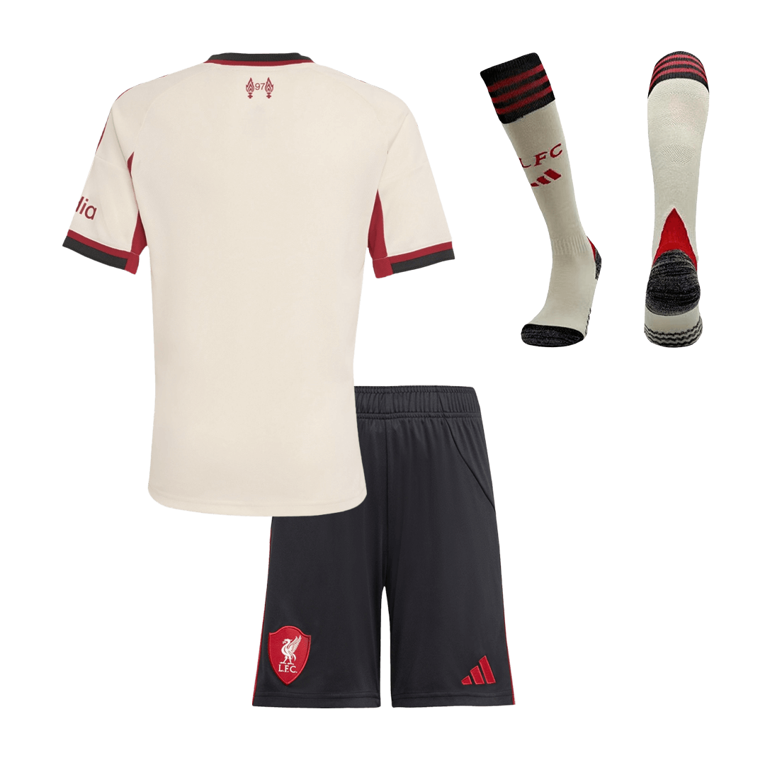 Dziecięcy zestaw koszulek wyjazdowych Liverpoolu (koszulka + spodenki + skarpetki) 25/26 biały