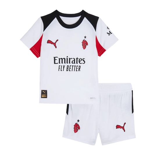 Dziecięcy wyjazdowy zestaw piłkarski AC Milan (koszulka + spodenki) 2025/26