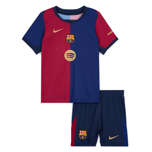Dziecięcy zestaw piłkarski Barcelona Home z logo Spotify bez tekstu (koszulka + spodenki) 2024/25
