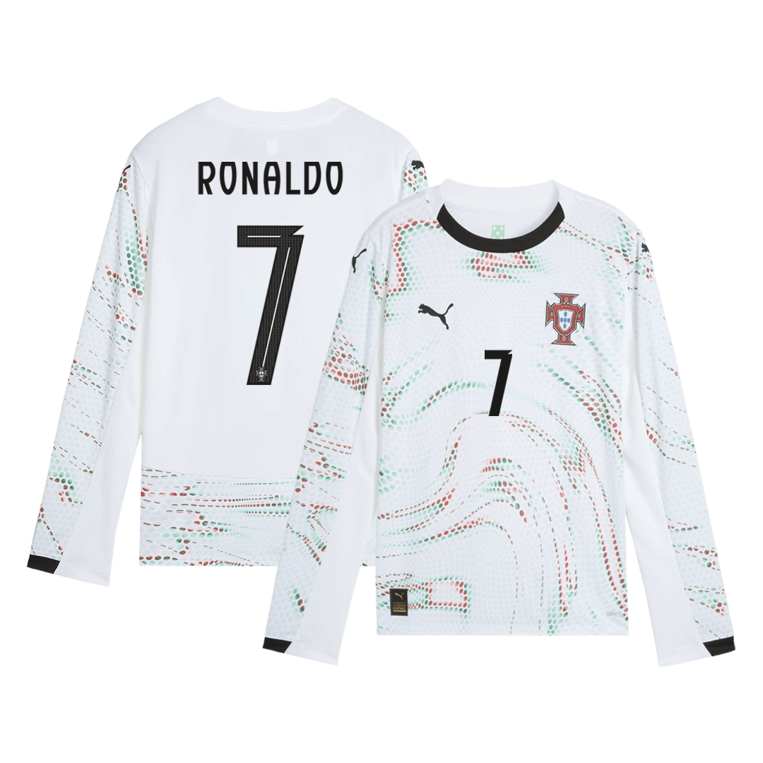 Koszulka wyjazdowa RONALDO #7 Portugalia z długim rękawem 2025, biała