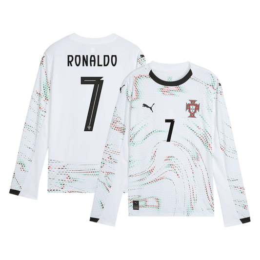 Koszulka wyjazdowa RONALDO #7 Portugalia z długim rękawem 2025, biała