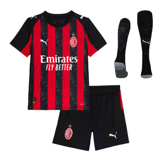 Dziecięcy zestaw piłkarski AC Milan Home (koszulka + spodenki + skarpetki) 2025/26, czerwono-czarny