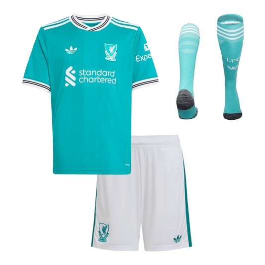 Trzeci wyjazdowy zestaw piłkarski Liverpool dla dzieci (koszulka + spodenki + skarpetki) 2025/26