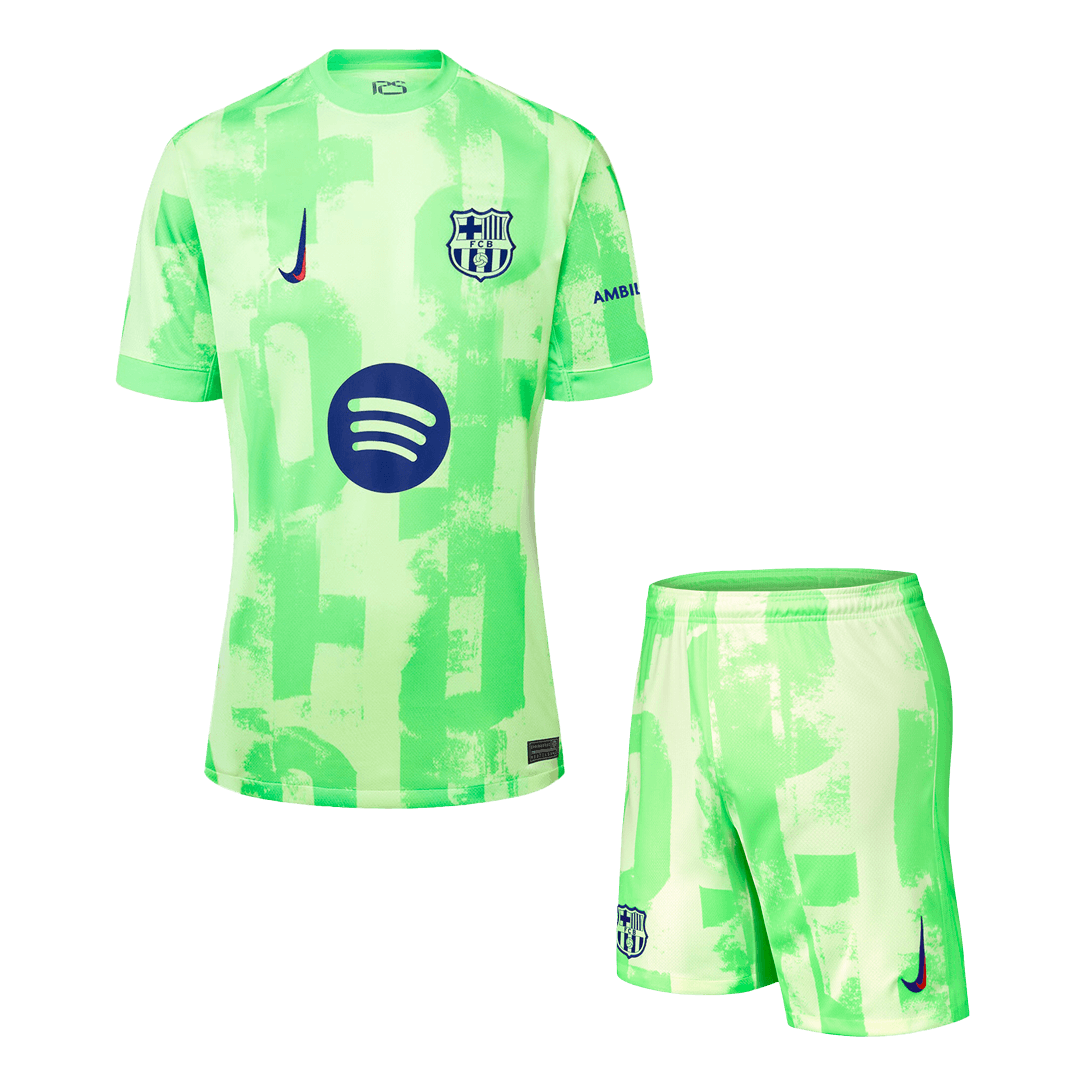 Trzeci wyjazdowy zestaw piłkarski Barcelony (koszulka + spodenki) – UCL (logo Spotify bez tekstu)