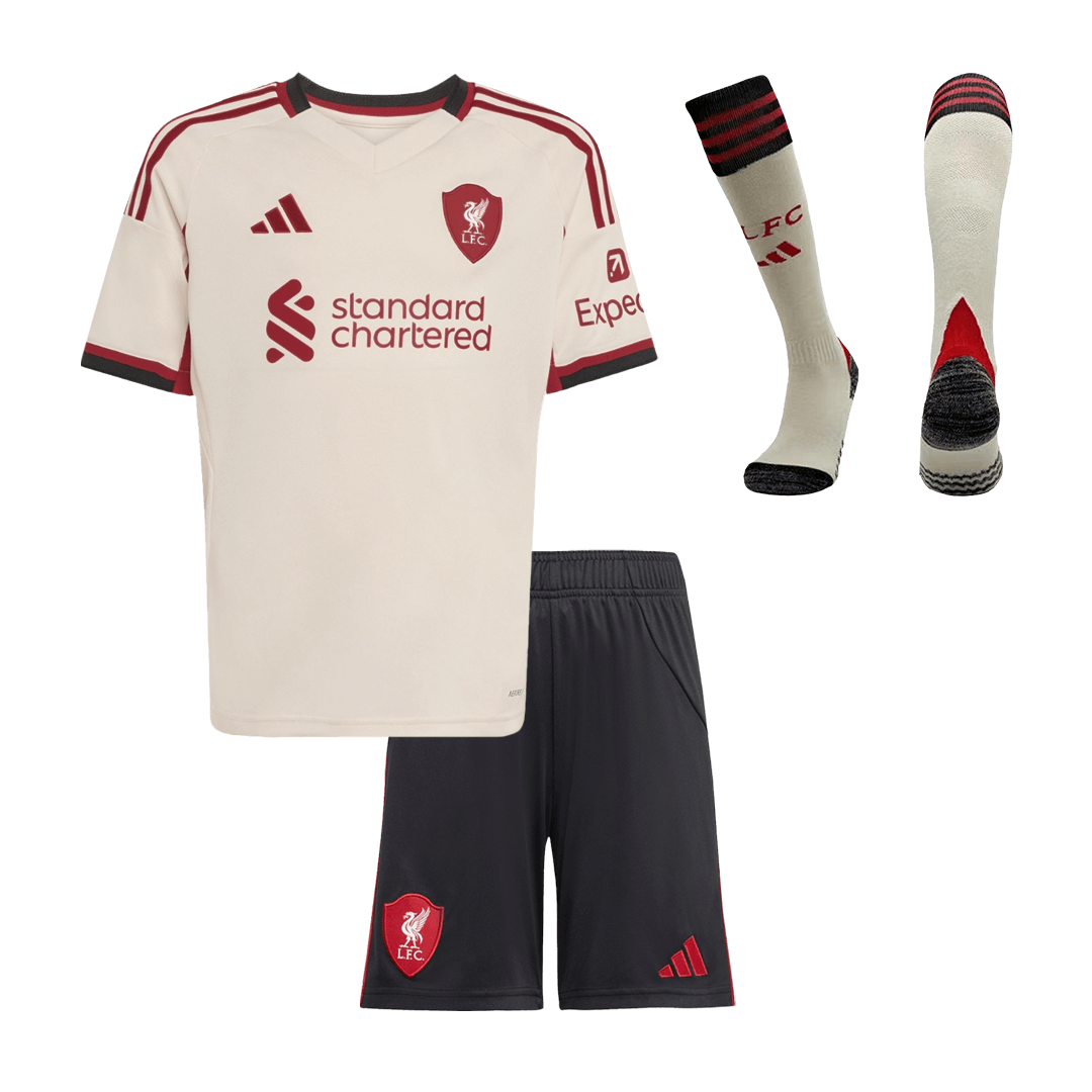 Dziecięcy zestaw koszulek wyjazdowych Liverpoolu (koszulka + spodenki + skarpetki) 25/26 biały