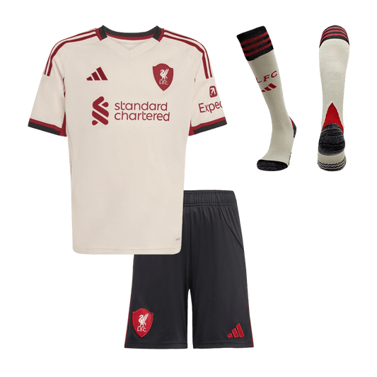 Dziecięcy zestaw koszulek wyjazdowych Liverpoolu (koszulka + spodenki + skarpetki) 25/26 biały