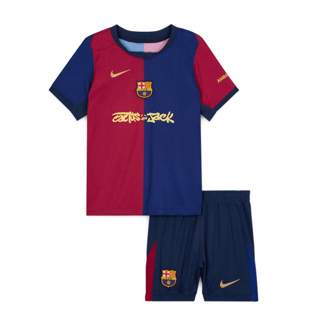 Dziecięcy zestaw piłkarski Barcelona X Travis Scott Home (koszulka + spodenki) 2024/25, czerwono-niebieski